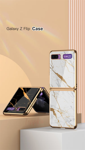 For Samsung Galaxy Z Flip Case Marble Tempered Glass Hard Phone Cover For Samsung Galaxy Z Flip Luxury Plating frame Coques