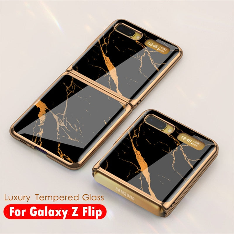 For Samsung Galaxy Z Flip Case Marble Tempered Glass Hard Phone Cover For Samsung Galaxy Z Flip Luxury Plating frame Coques