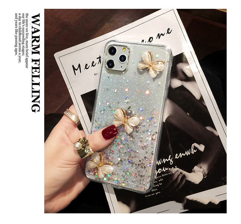 3D Bling Glitter Pearl butterfly soft Phone Case For iPhone 11 Pro Max XR X 6S 7 8 Plus cover for samsung S20 Plus S20 S8 S9 S10